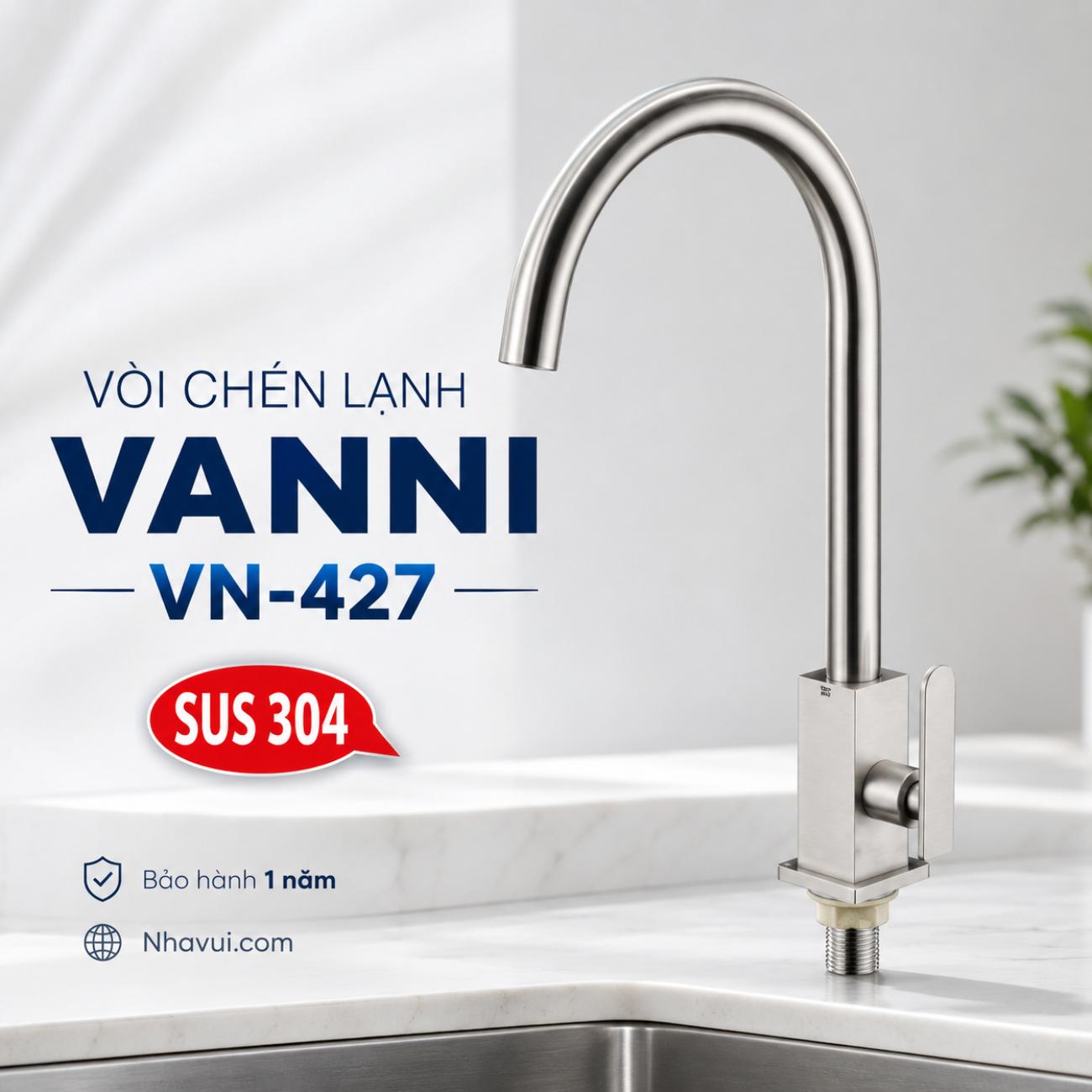 Vòi chén lạnh Vanni VN-427 inox SUS 304 cổ cong thân vuông