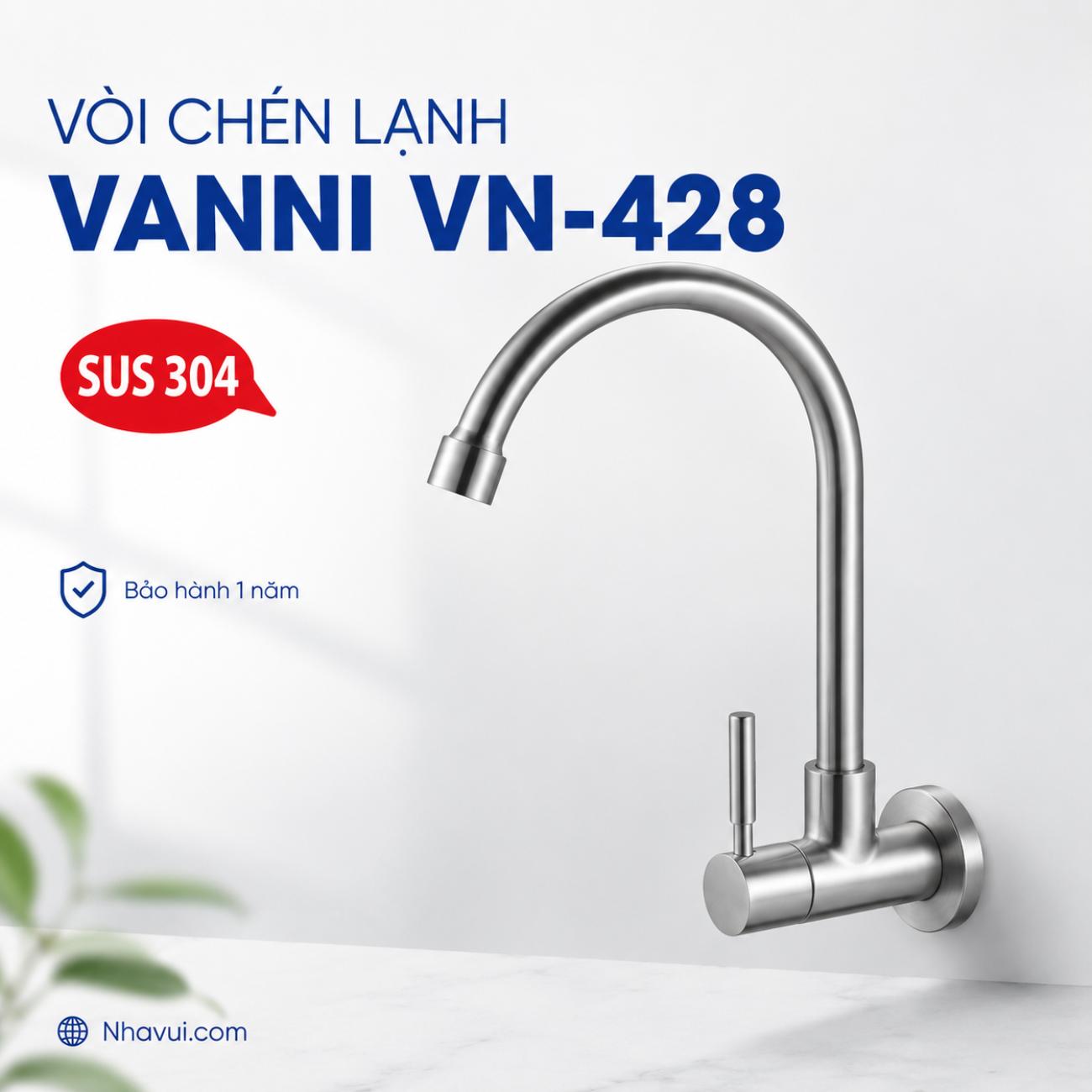 Vòi chén lạnh Vanni VN-428 inox SUS 304 cổ cong thân ngang cần gạt đứng