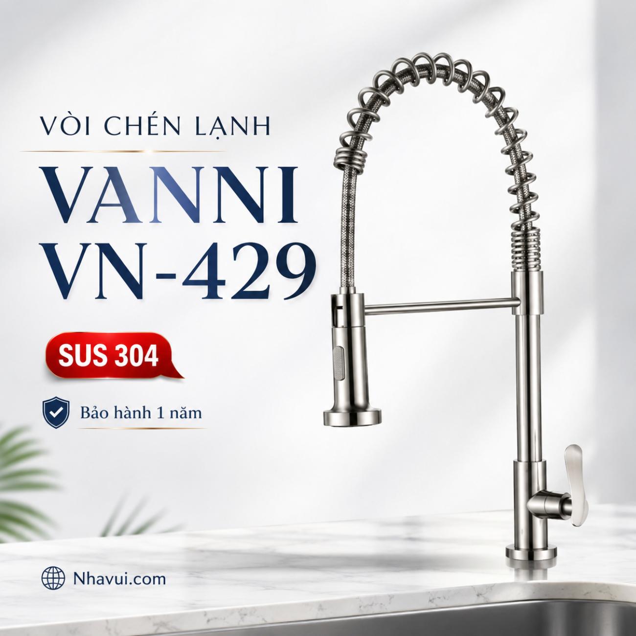 Vòi chén lạnh Vanni VN-429 inox SUS 304 dây lò xo rút thân cao