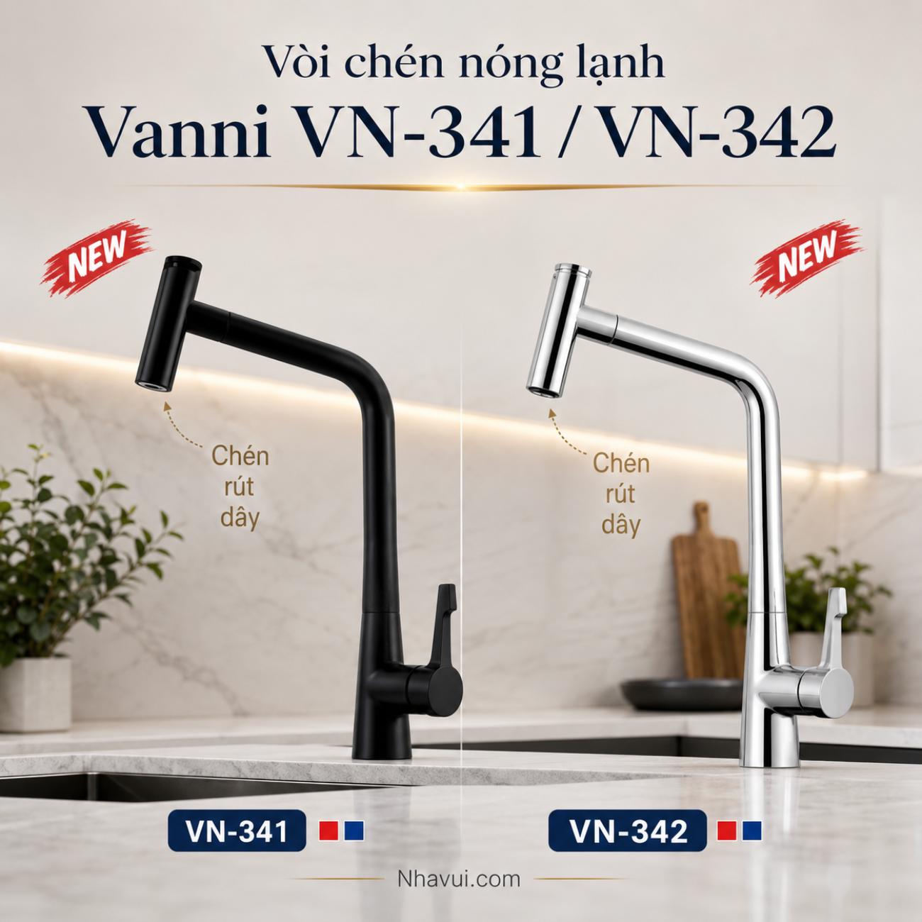 Vòi chén nóng lạnh Vanni VN-341/VN-342 rút dây chất liệu đồng thau mạ crome