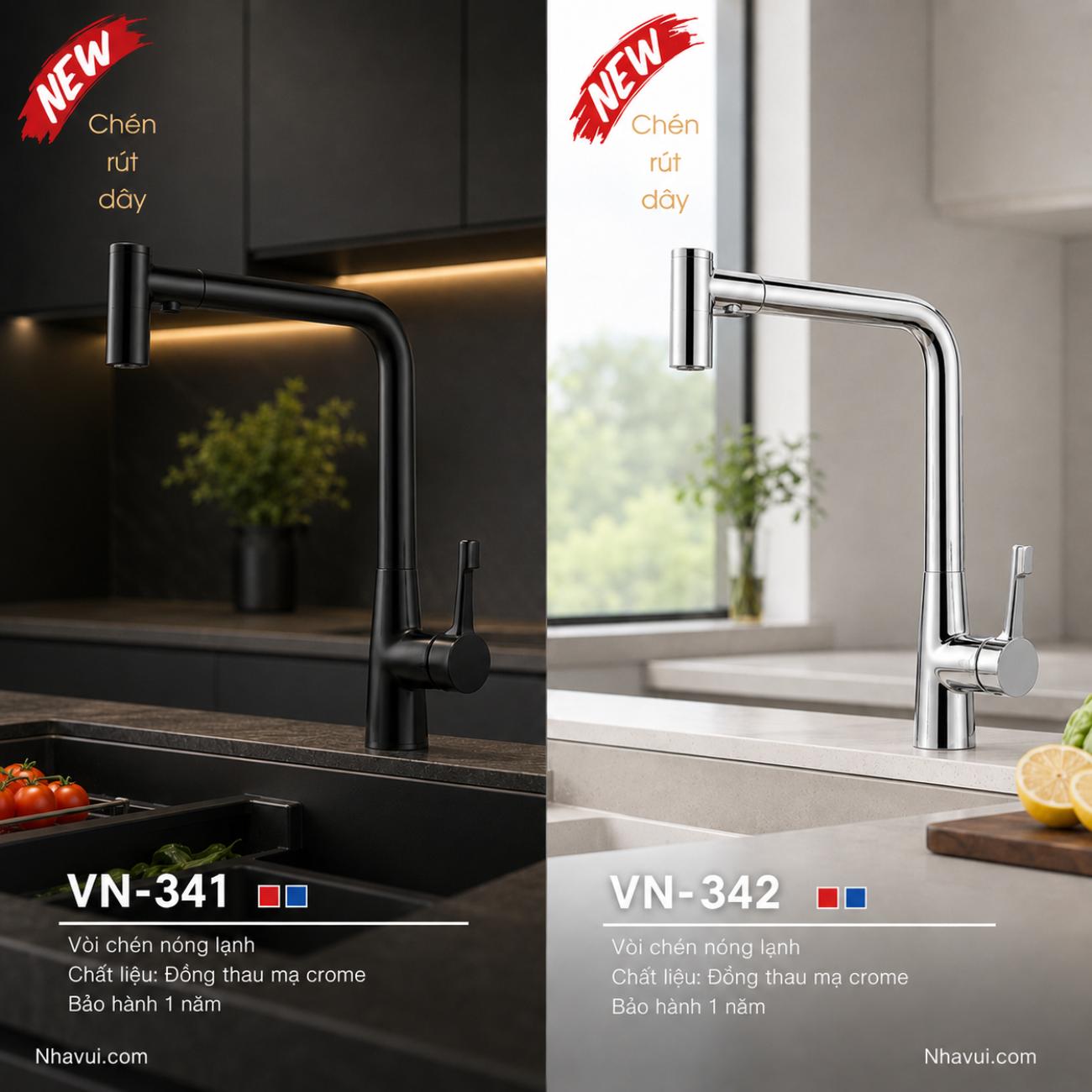 Vòi chén nóng lạnh Vanni VN-342 rút dây chất liệu đồng thau mạ crome
