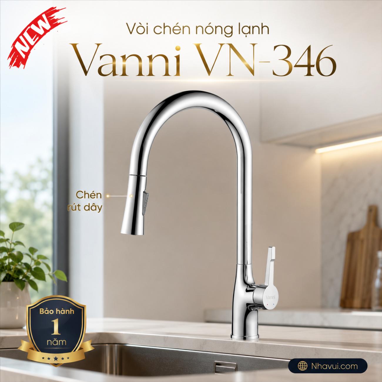 Vòi chén nóng lạnh Vanni VN-346 rút dây chất liệu đồng thau mạ crome