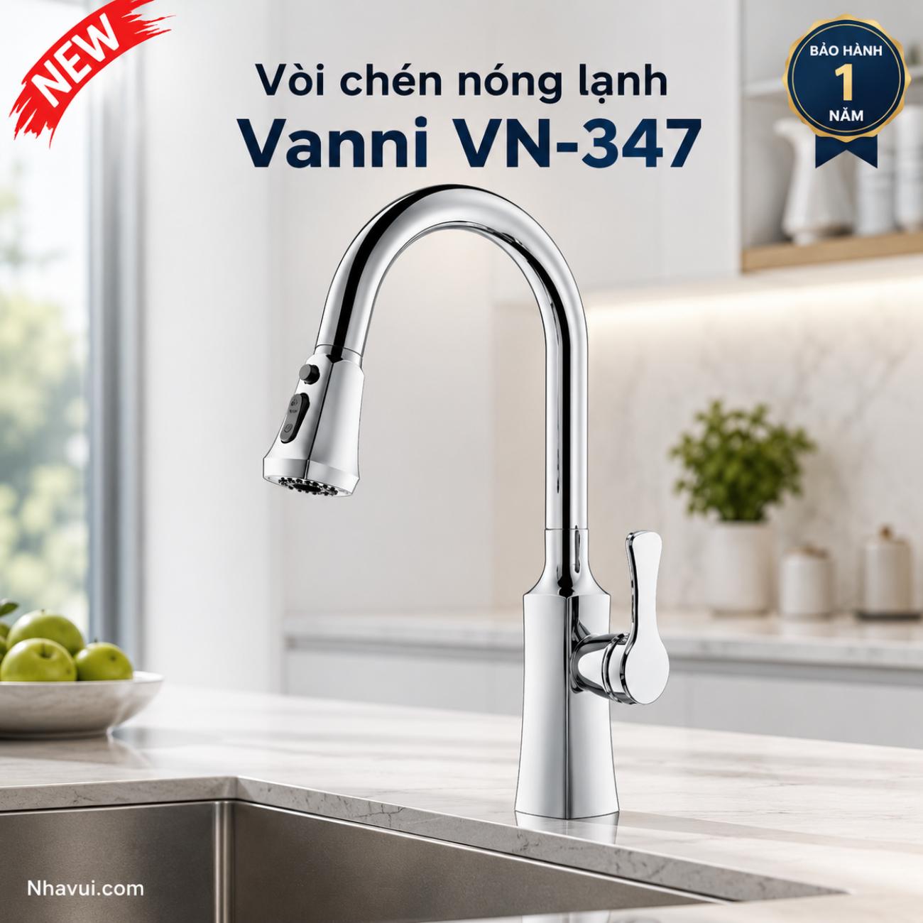 Vòi chén nóng lạnh Vanni VN-347 rút dây chất liệu đồng thau mạ crome