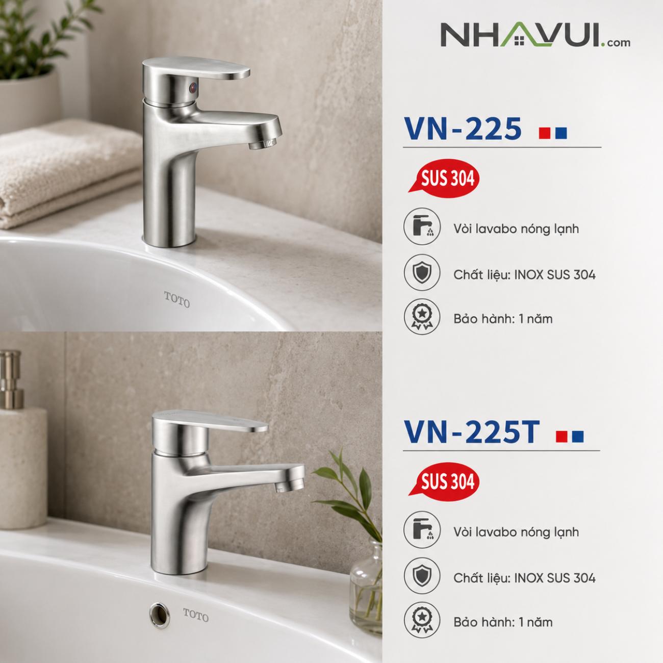 Vòi lavabo nóng lạnh Vanni VN-225T chất liệu inox SUS 304