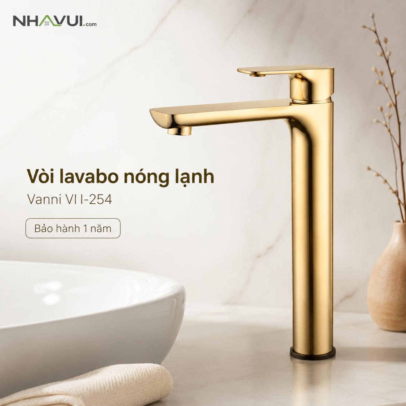 Vòi lavabo nóng lạnh VANNI VN-254C thân cao 30cm màu vàng