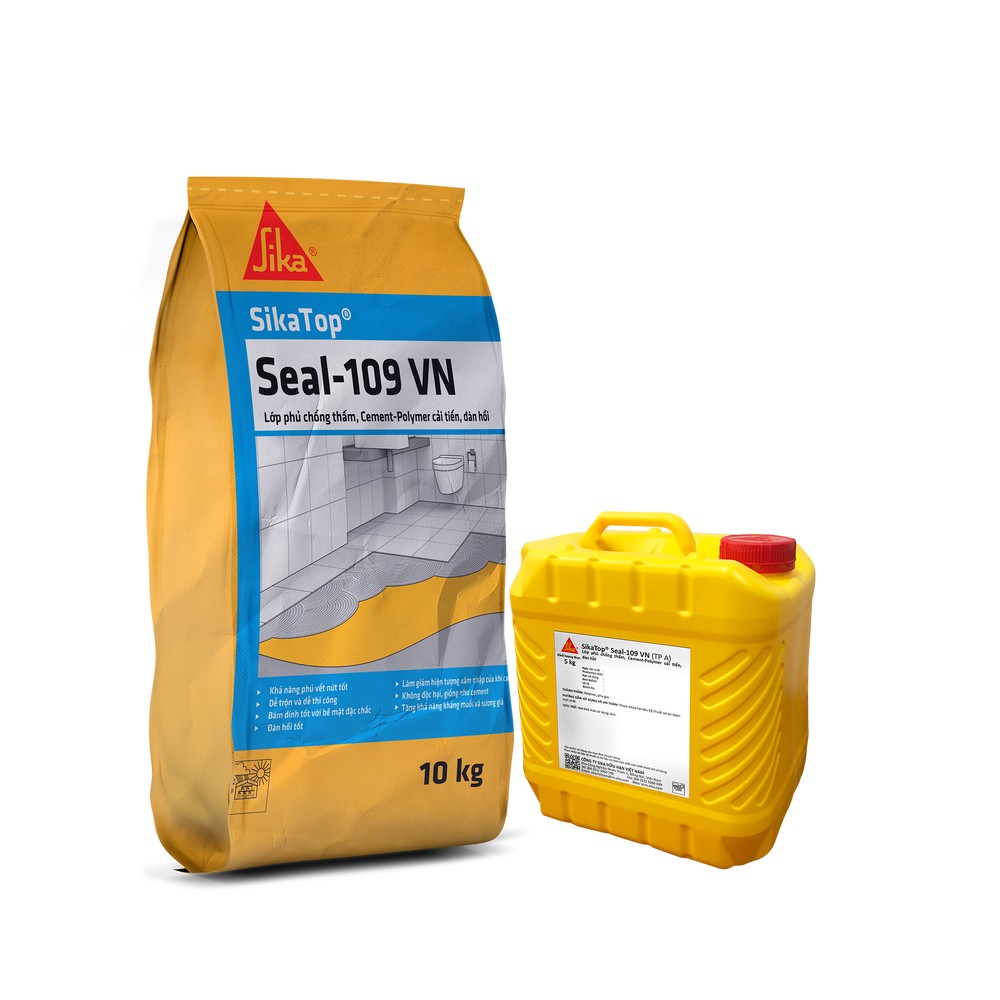 Vữa chống thấm đàn hồi cao 2 thành phần SikaTop-109 Seal VN chính hãng Sika – Bộ 15kg (A 5kg + B 10kg), Bộ 24kg (A 2x4kg + B 16kg)