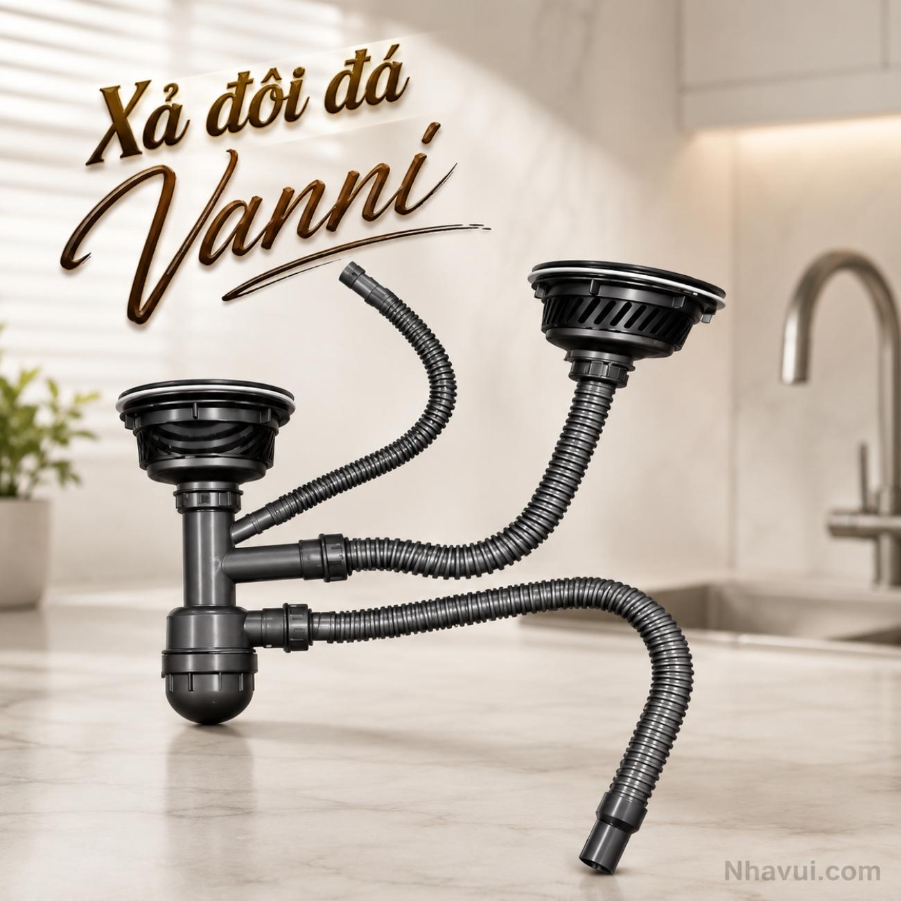 Xả đôi đá Vanni dây xả nhựa đen lớn cho chậu rửa đôi