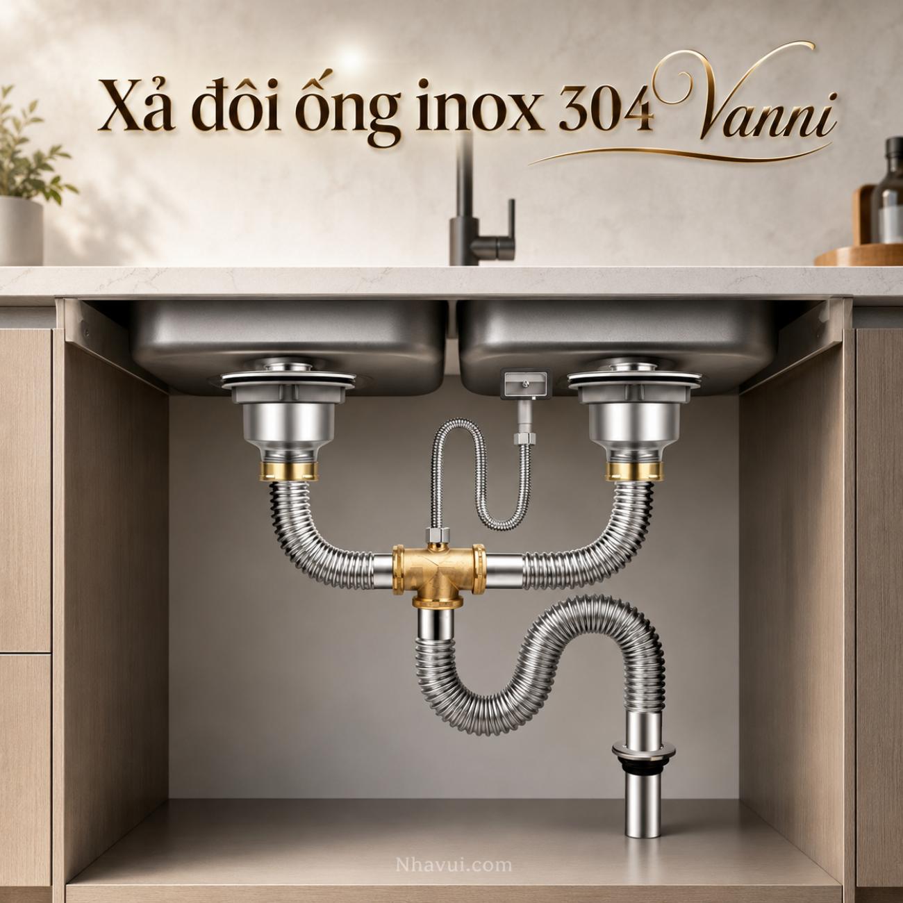 Xả đôi ống inox 304 Vanni 2 nhánh thoát đầu ren đồng