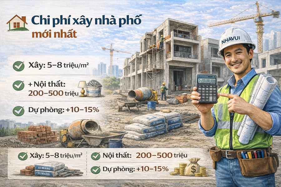Chi phí xây nhà phố mới nhất: Cách tính & ví dụ thực tế